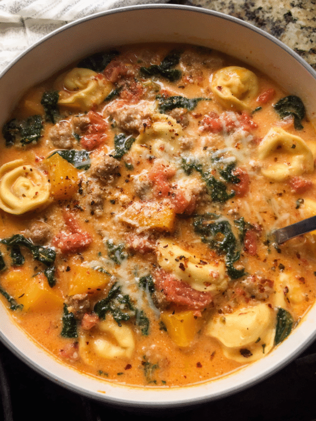 bowl of creamy sausage squash tortellini soup