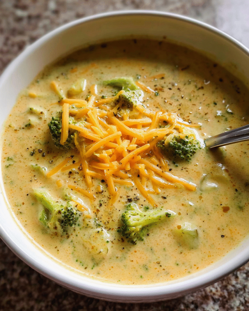 creamy easy broccoli soup in bowl