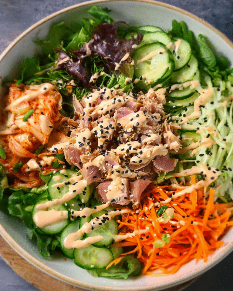 Kimchi salad with greens, vegetables, and spicy dressing