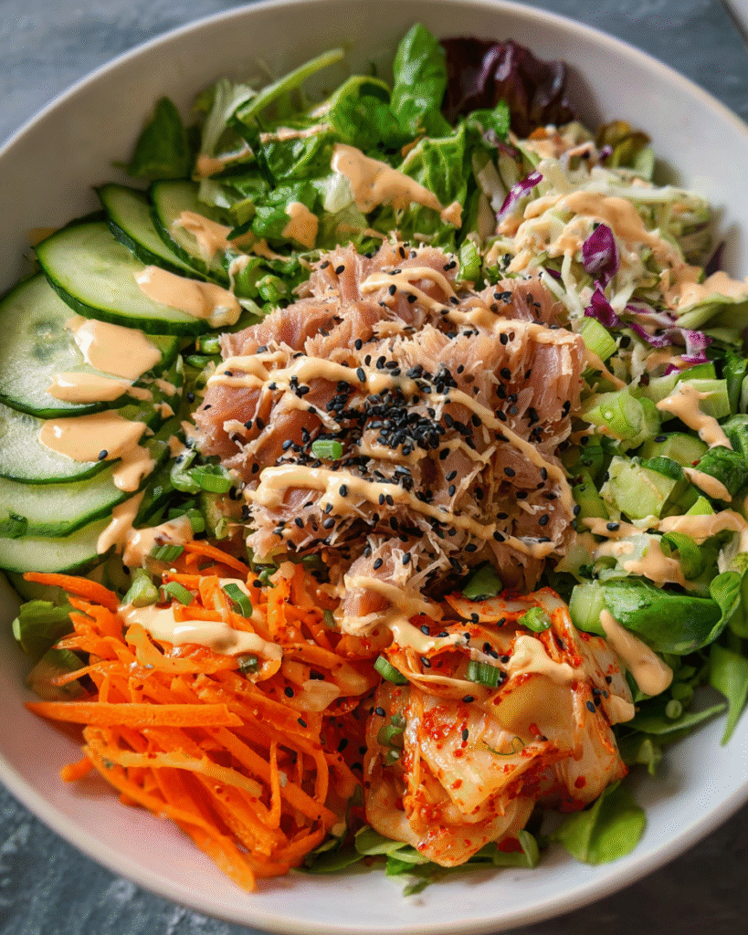 Kimchi salad with greens, vegetables, and spicy dressing