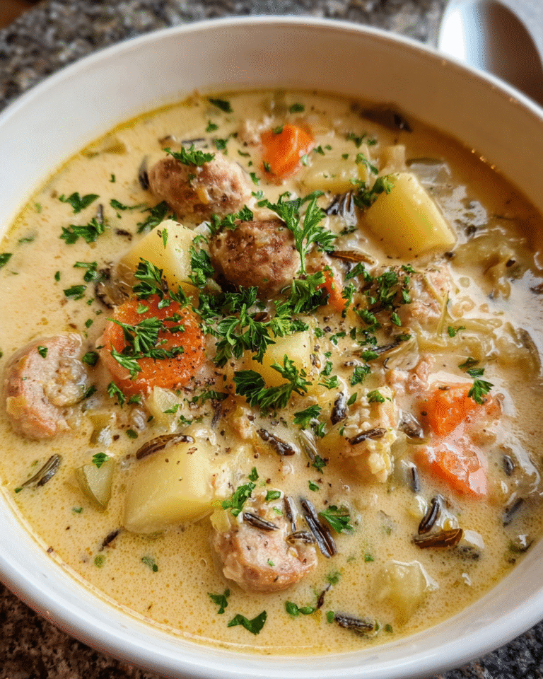 Bowl of creamy potato and sausage chowder with vegetables