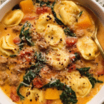 bowl of creamy sausage squash tortellini soup