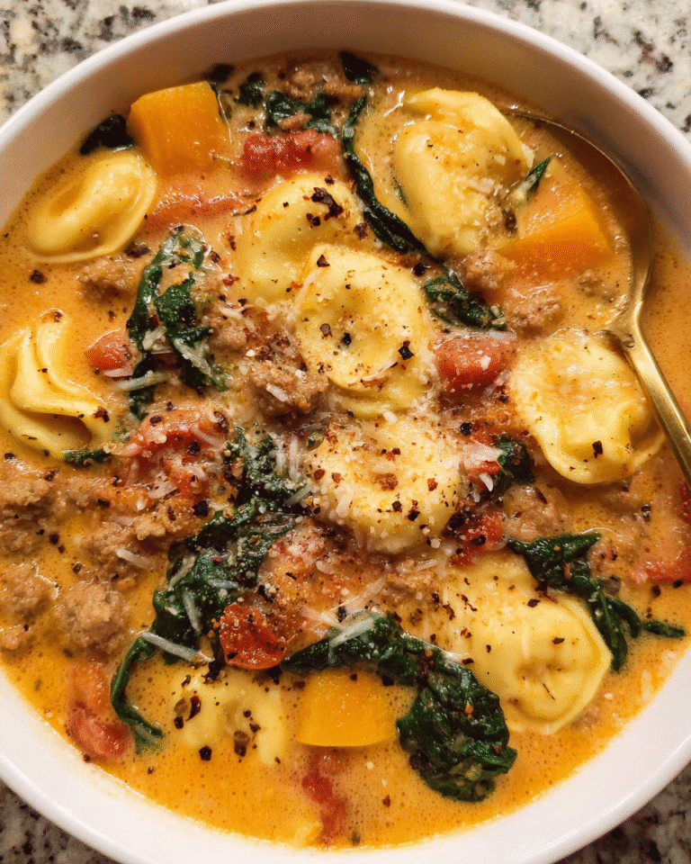 bowl of creamy sausage squash tortellini soup