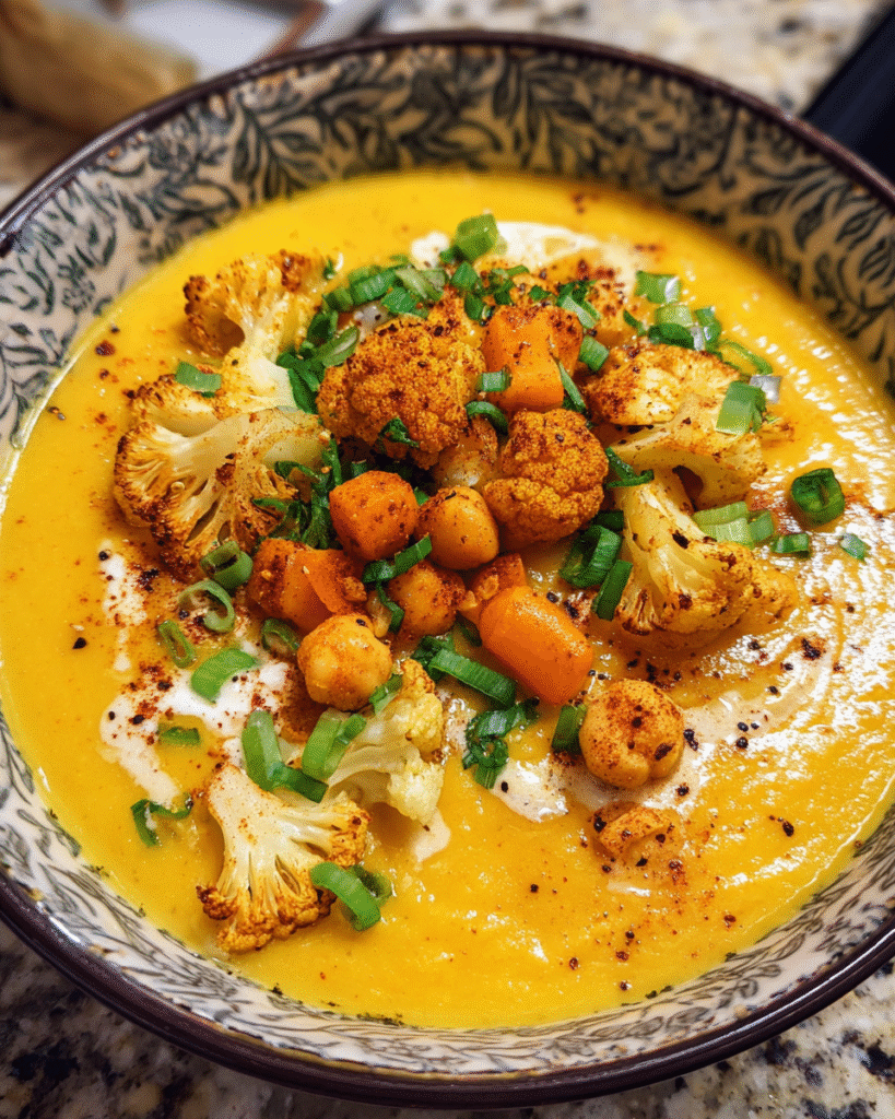 Bowl of anti-inflammatory golden turmeric soup with roasted vegetables