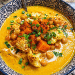 Bowl of anti-inflammatory golden turmeric soup with roasted vegetables