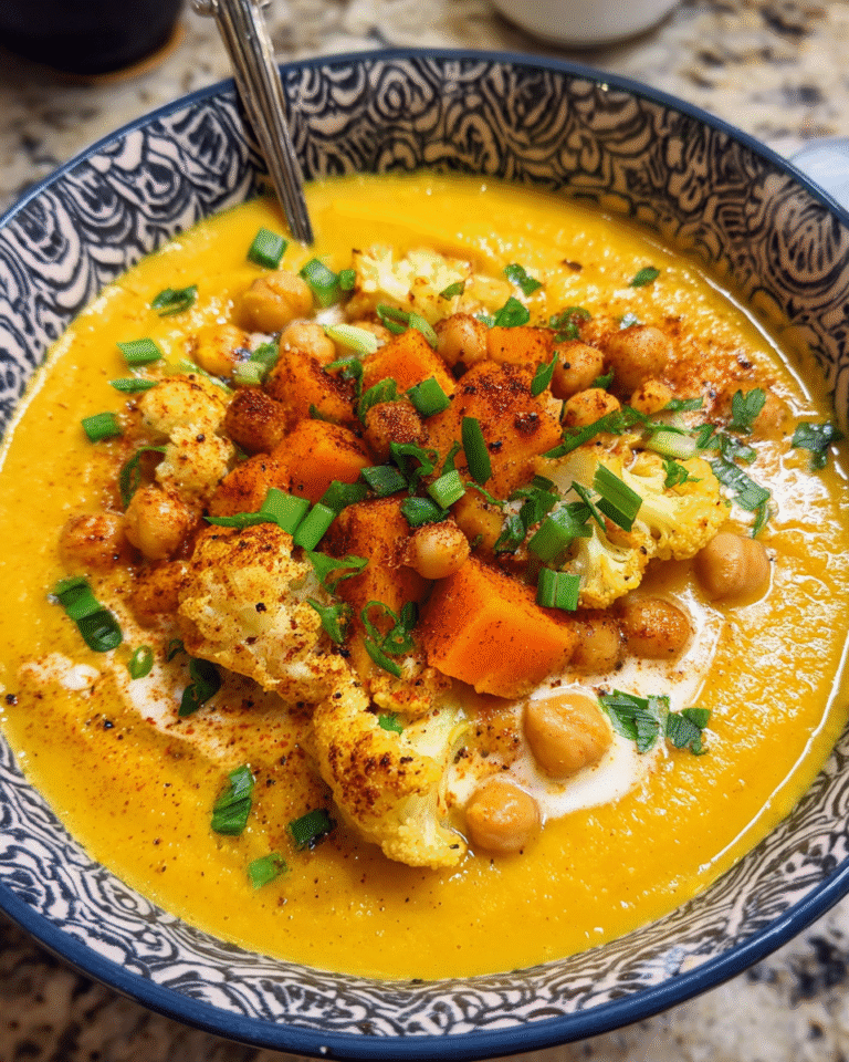 Bowl of anti-inflammatory golden turmeric soup with roasted vegetables