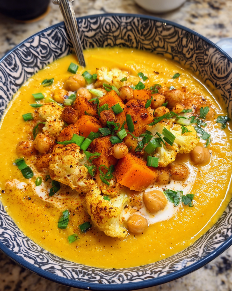 Bowl of anti-inflammatory golden turmeric soup with roasted vegetables