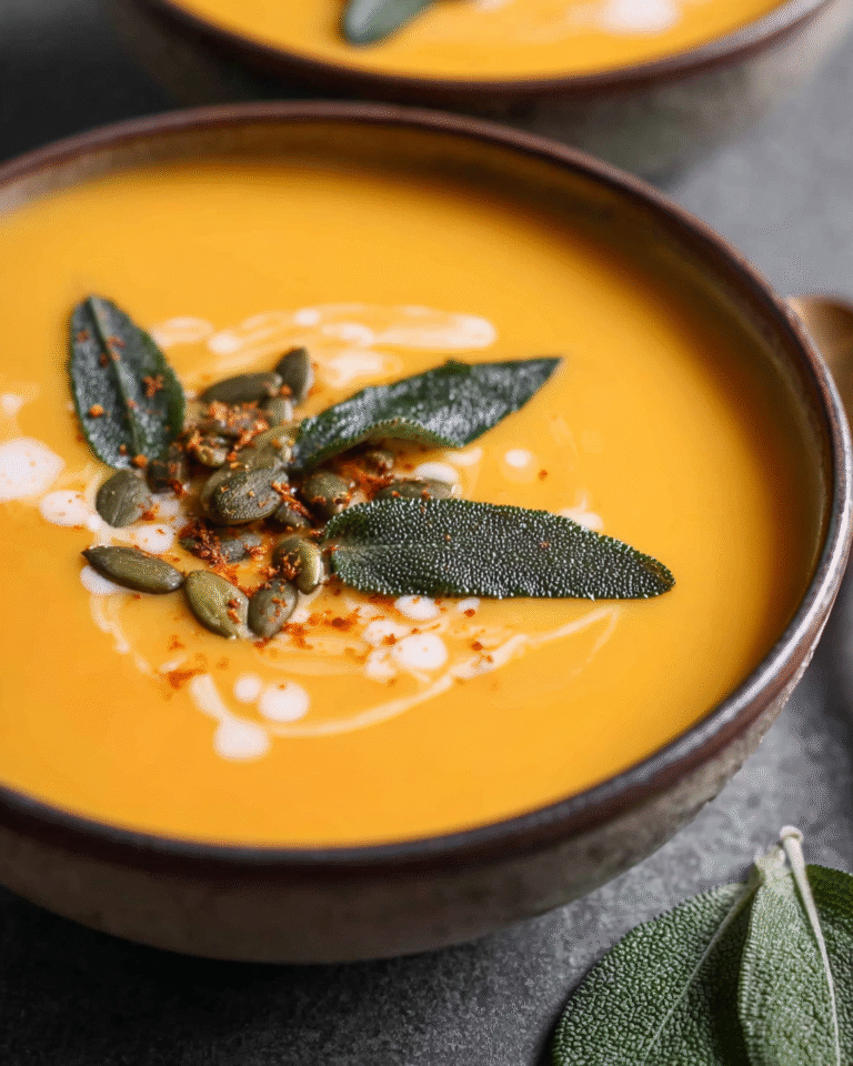 Bowl of apple butternut squash soup topped with crispy sage and pepitas