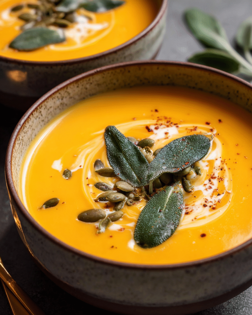 Bowl of apple butternut squash soup topped with crispy sage and pepitas