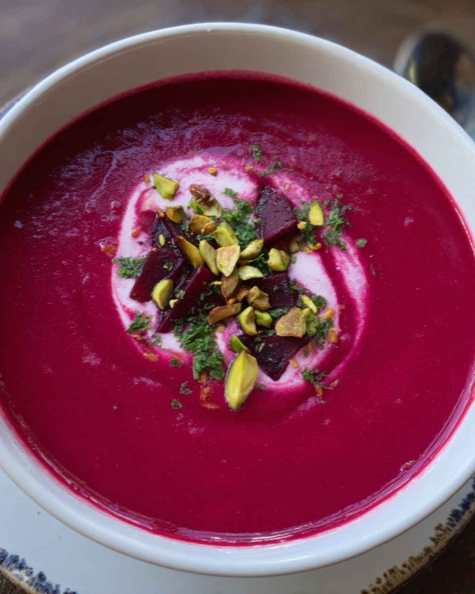 Beet Ginger and Coconut Soup in a bowl with creamy garnish