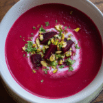 Beet Ginger and Coconut Soup in a bowl with creamy garnish