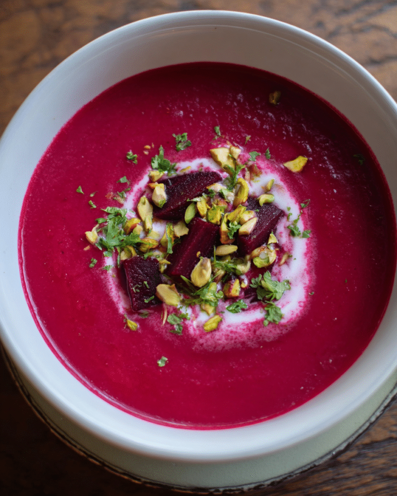 Beet Ginger and Coconut Soup in a bowl with creamy garnish