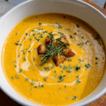 Bowl of creamy Butternut Squash and Pear Soup with thyme