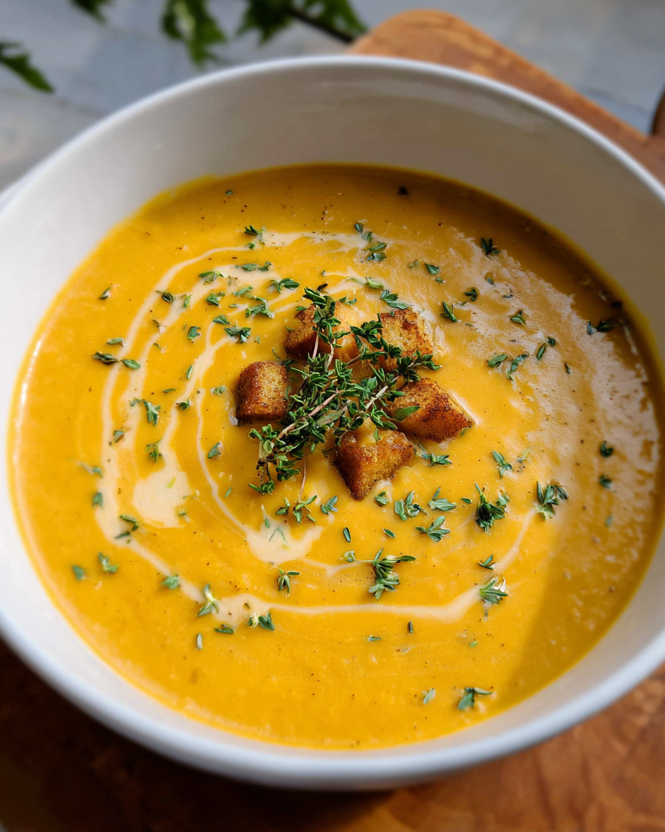 Bowl of creamy Butternut Squash and Pear Soup with thyme
