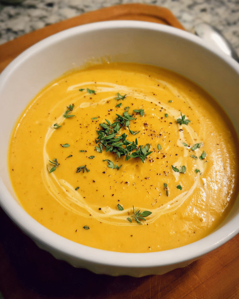 Bowl of creamy Butternut Squash and Pear Soup with thyme