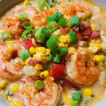 Bowl of creamy Cajun shrimp corn chowder with vegetables