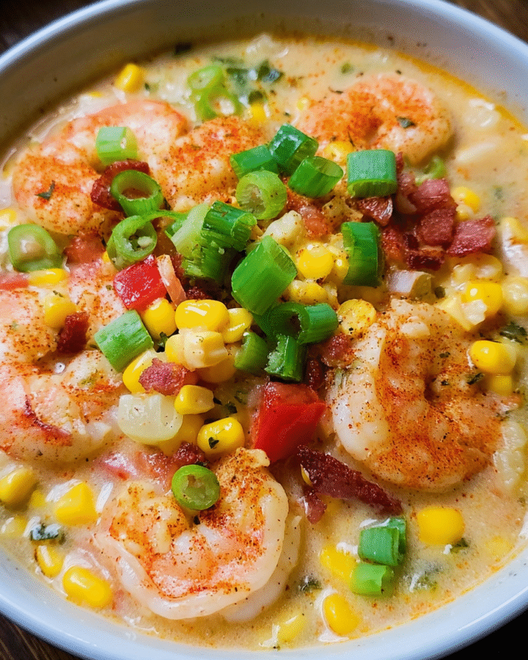 Bowl of creamy Cajun shrimp corn chowder with vegetables