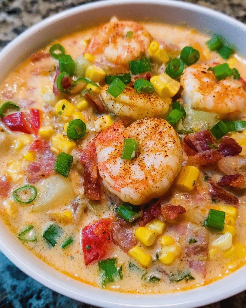 Bowl of creamy Cajun shrimp corn chowder with vegetables