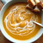 Caramelized onion and sweet potato soup in a bowl