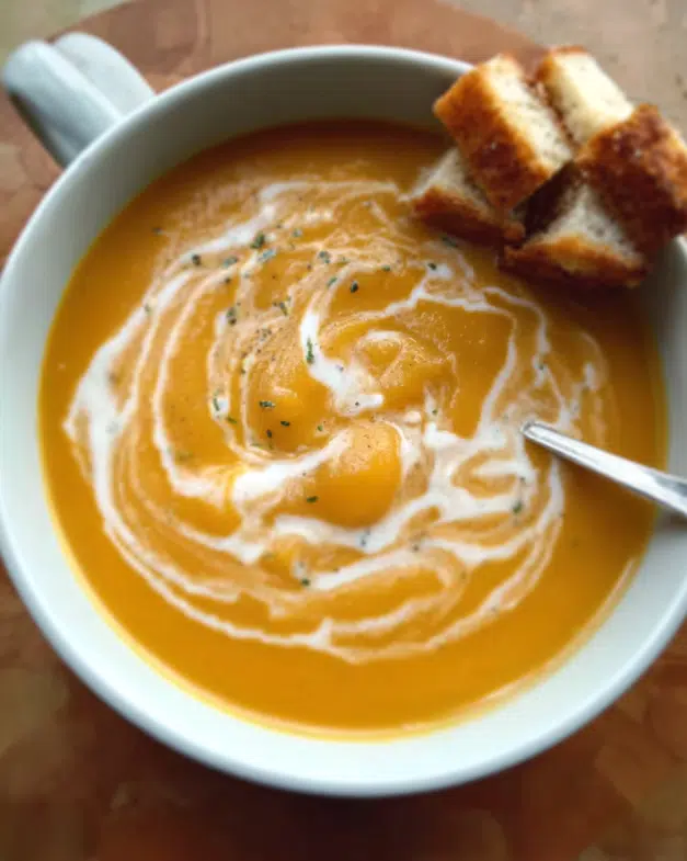Caramelized onion and sweet potato soup in a bowl