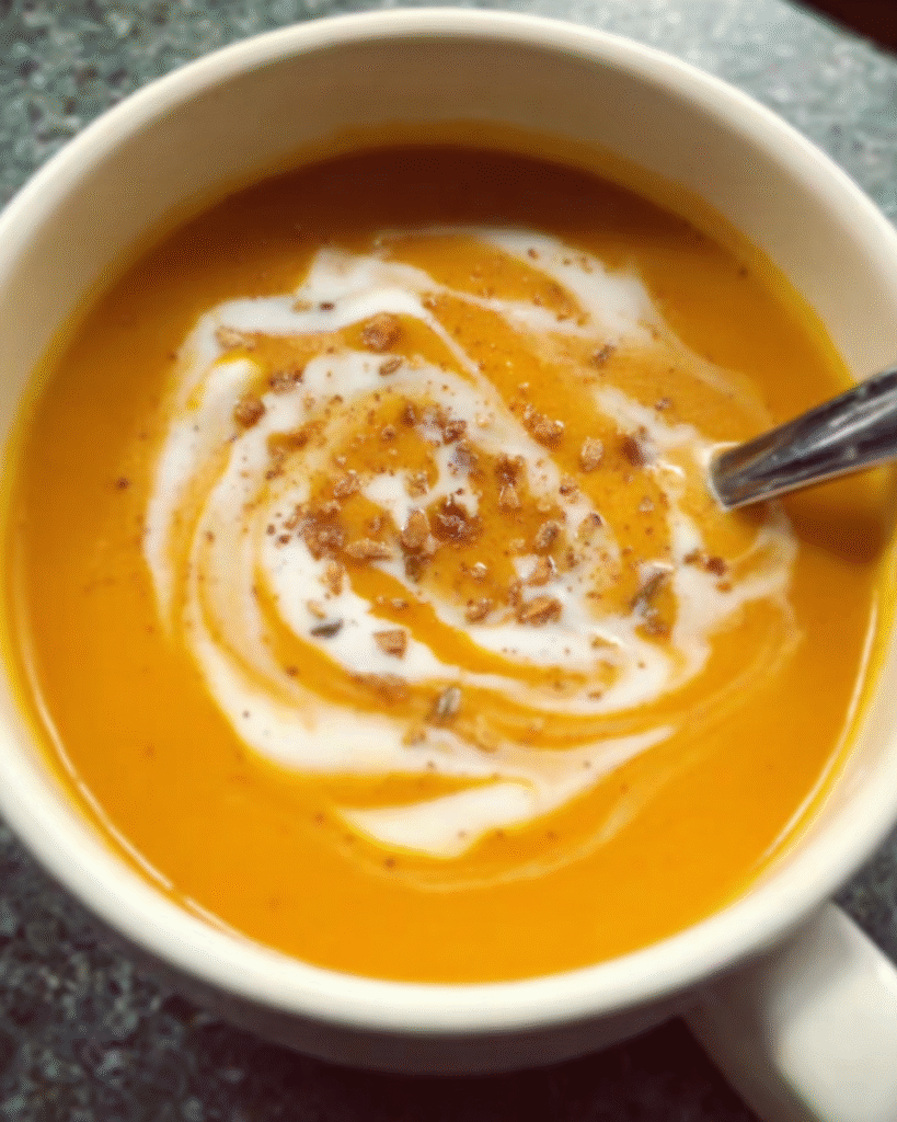Caramelized onion and sweet potato soup in a bowl