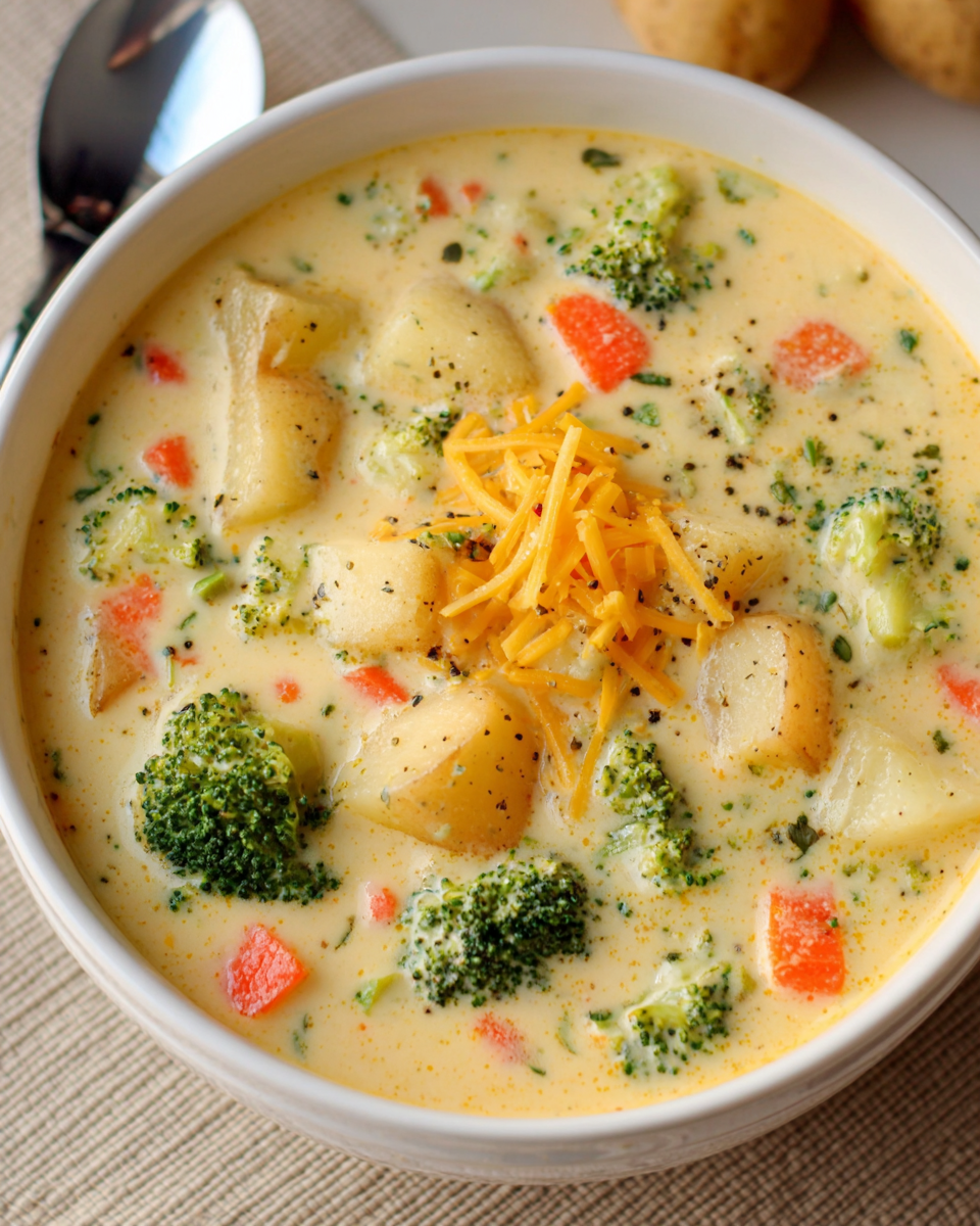 Cheddar Broccoli Potato Chowder in a bowl with fresh vegetables
