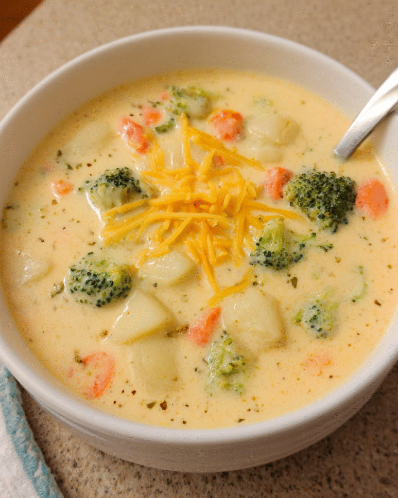 Cheddar Broccoli Potato Chowder in a bowl with fresh vegetables