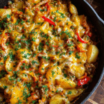Cheesy ground beef and potatoes skillet with melted cheddar