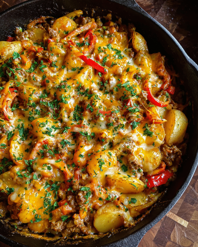 Cheesy ground beef and potatoes skillet with melted cheddar