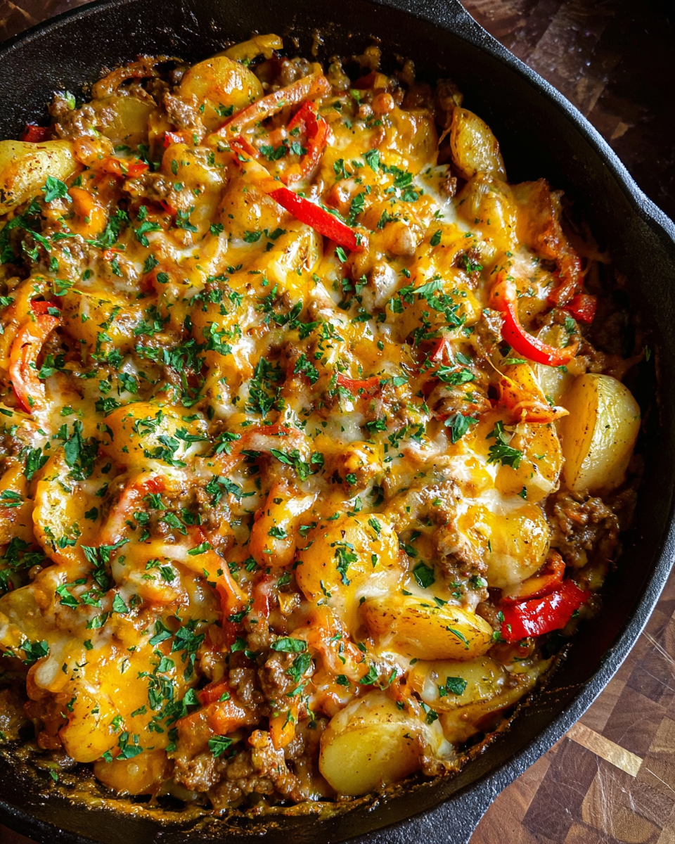 Cheesy ground beef and potatoes skillet with melted cheddar