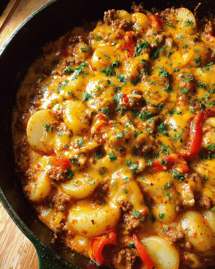 Cheesy ground beef and potatoes skillet with melted cheddar