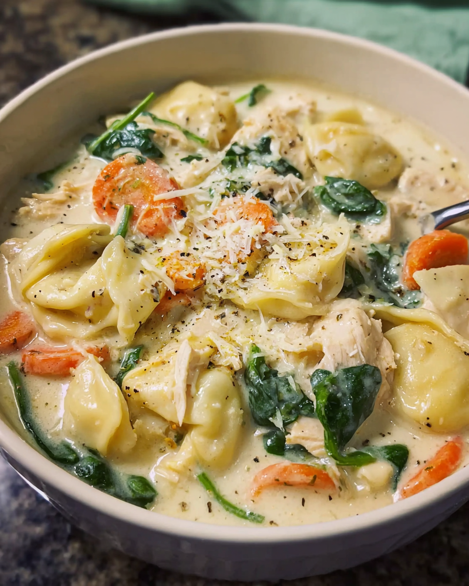 Chicken Alfredo Soup with Tortellini in a bowl
