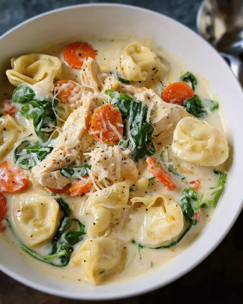 Chicken Alfredo Soup with Tortellini in a bowl