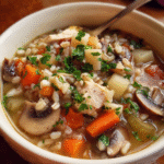 Chicken Barley Vegetable Soup in a bowl with vegetables and barley