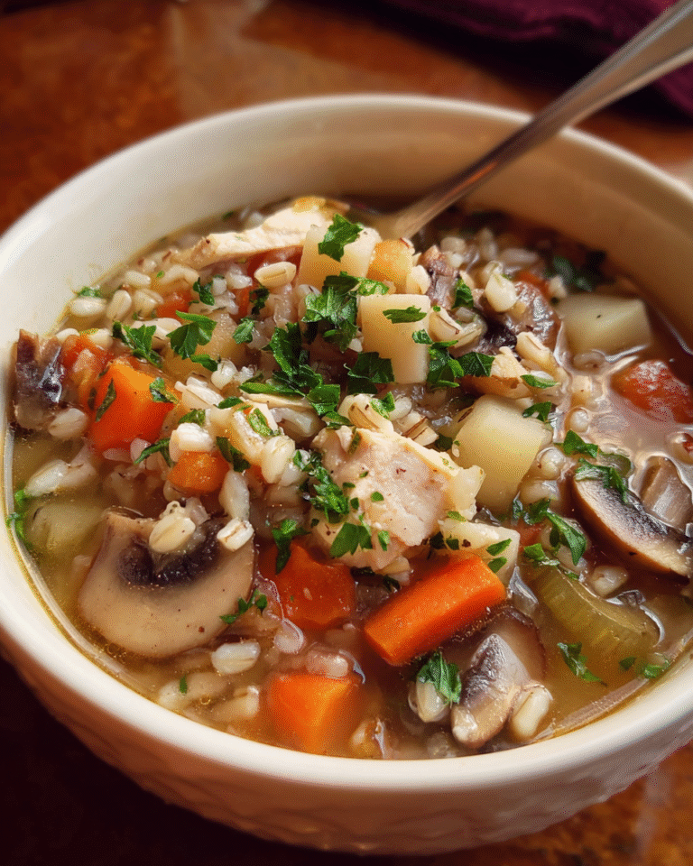 Chicken Barley Vegetable Soup in a bowl with vegetables and barley