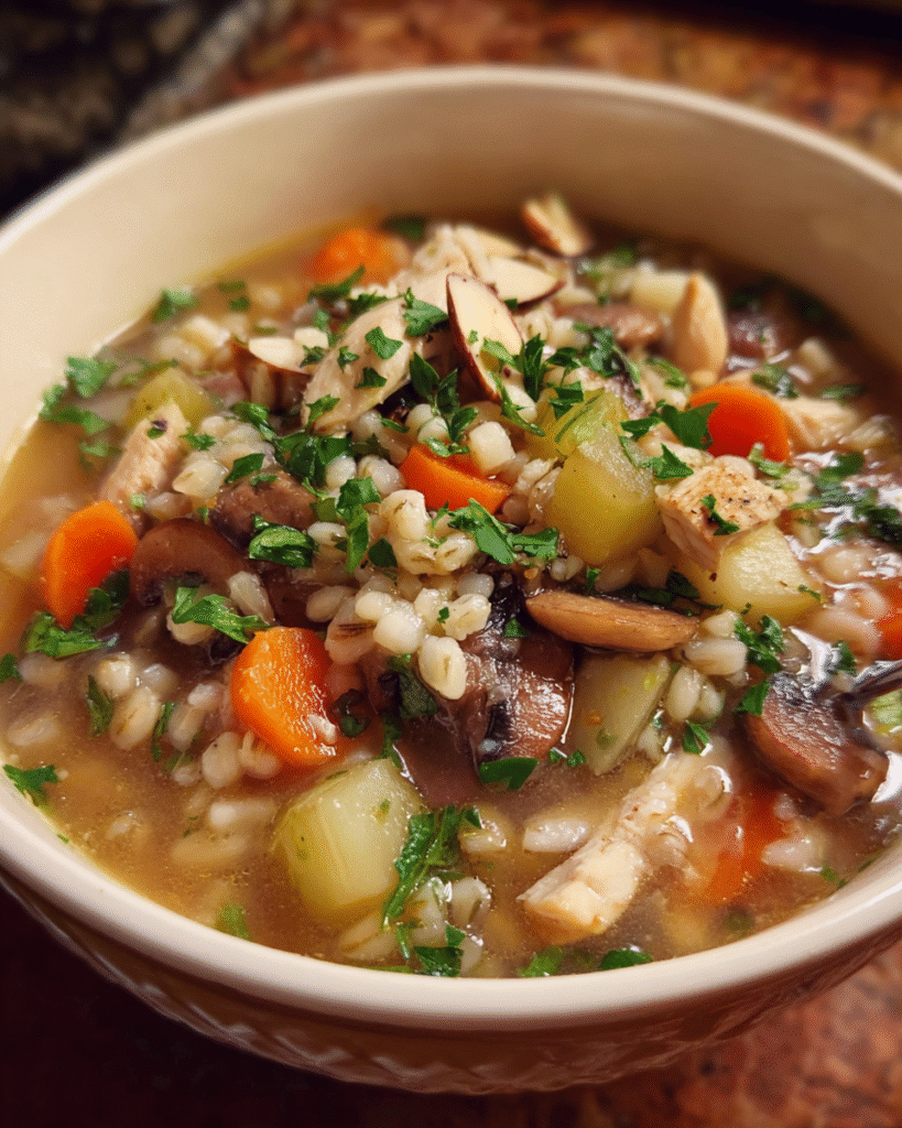 Chicken Barley Vegetable Soup in a bowl with vegetables and barley