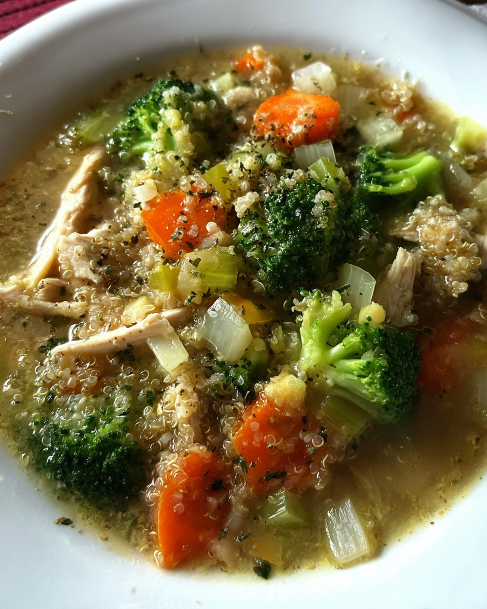 Chicken Broccoli Quinoa Soup in a bowl with broccoli, quinoa, and shredded chicken