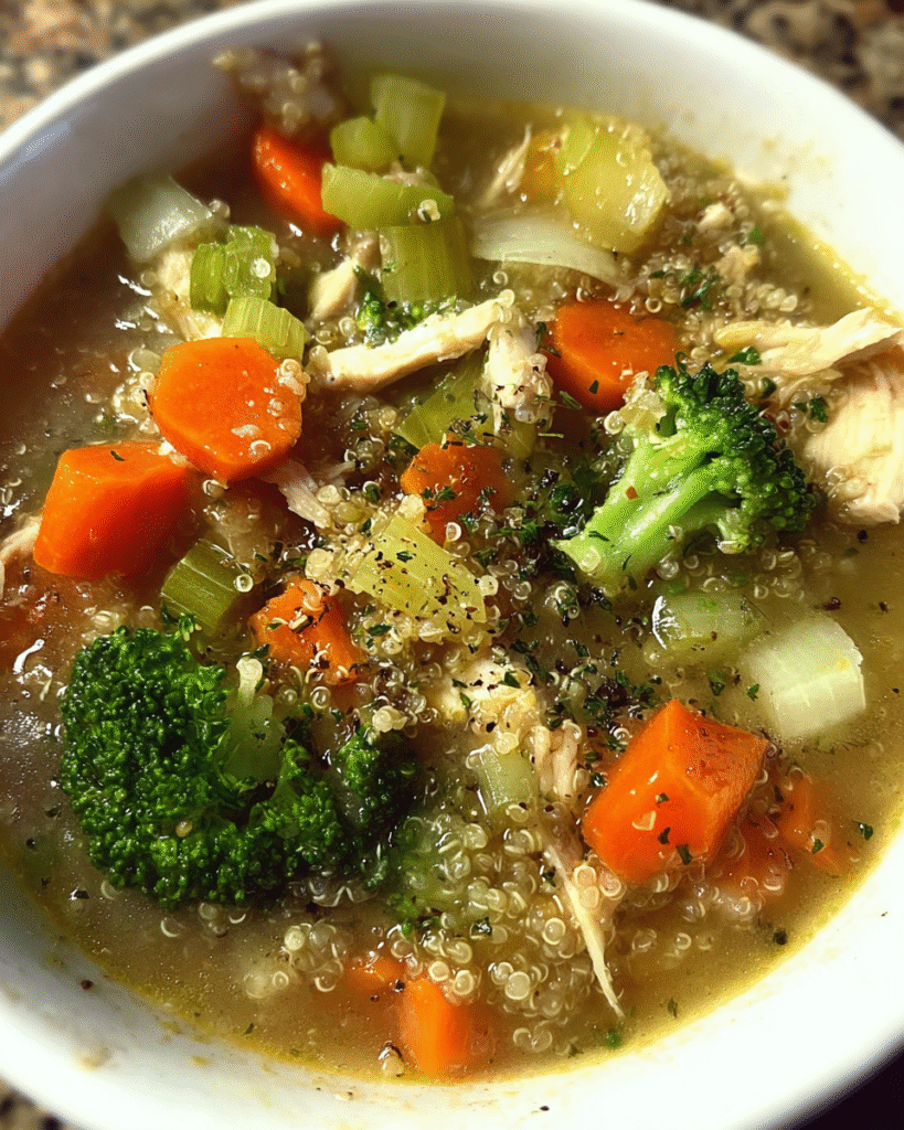 Chicken Broccoli Quinoa Soup in a bowl with broccoli, quinoa, and shredded chicken