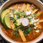 Chicken Enchilada Tortilla Soup with shredded chicken and crispy tortilla strips