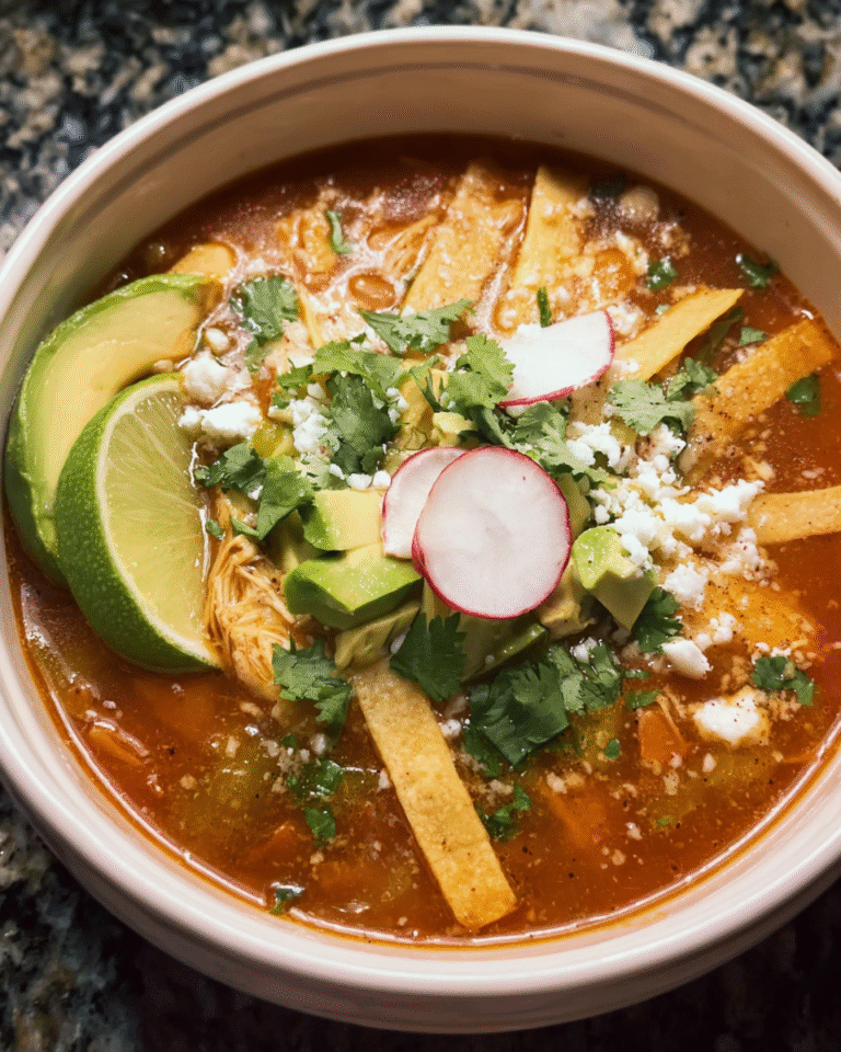 Chicken Enchilada Tortilla Soup with shredded chicken and crispy tortilla strips