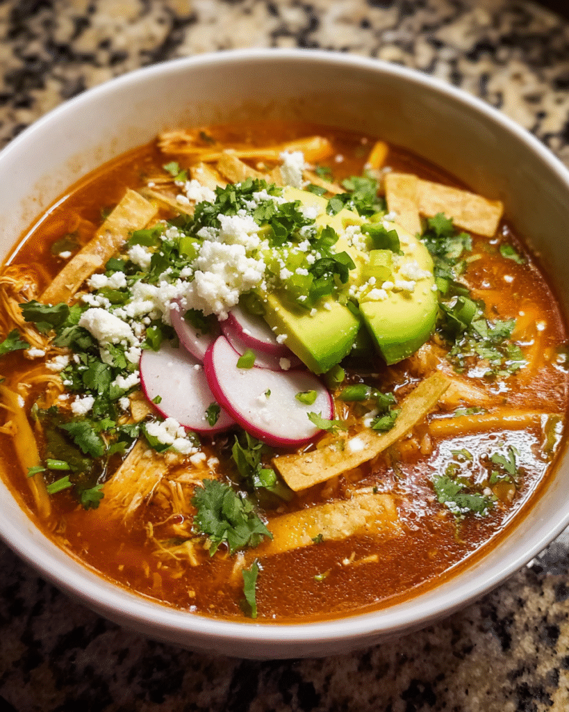 Chicken Enchilada Tortilla Soup with shredded chicken and crispy tortilla strips