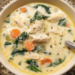 Creamy Chicken Florentine Soup in a bowl with spinach and Parmesan