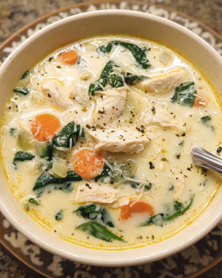 Creamy Chicken Florentine Soup in a bowl with spinach and Parmesan