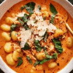 Chicken Parmesan Gnocchi Soup in a bowl with basil and parmesan