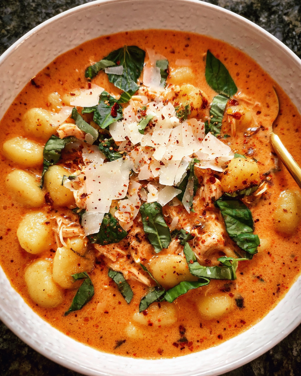 Chicken Parmesan Gnocchi Soup in a bowl with basil and parmesan