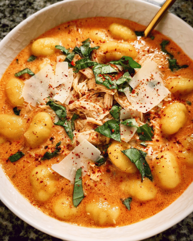 Chicken Parmesan Gnocchi Soup in a bowl with basil and parmesan