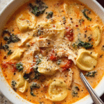 Bowl of creamy chicken tortellini soup with greens and parmesan