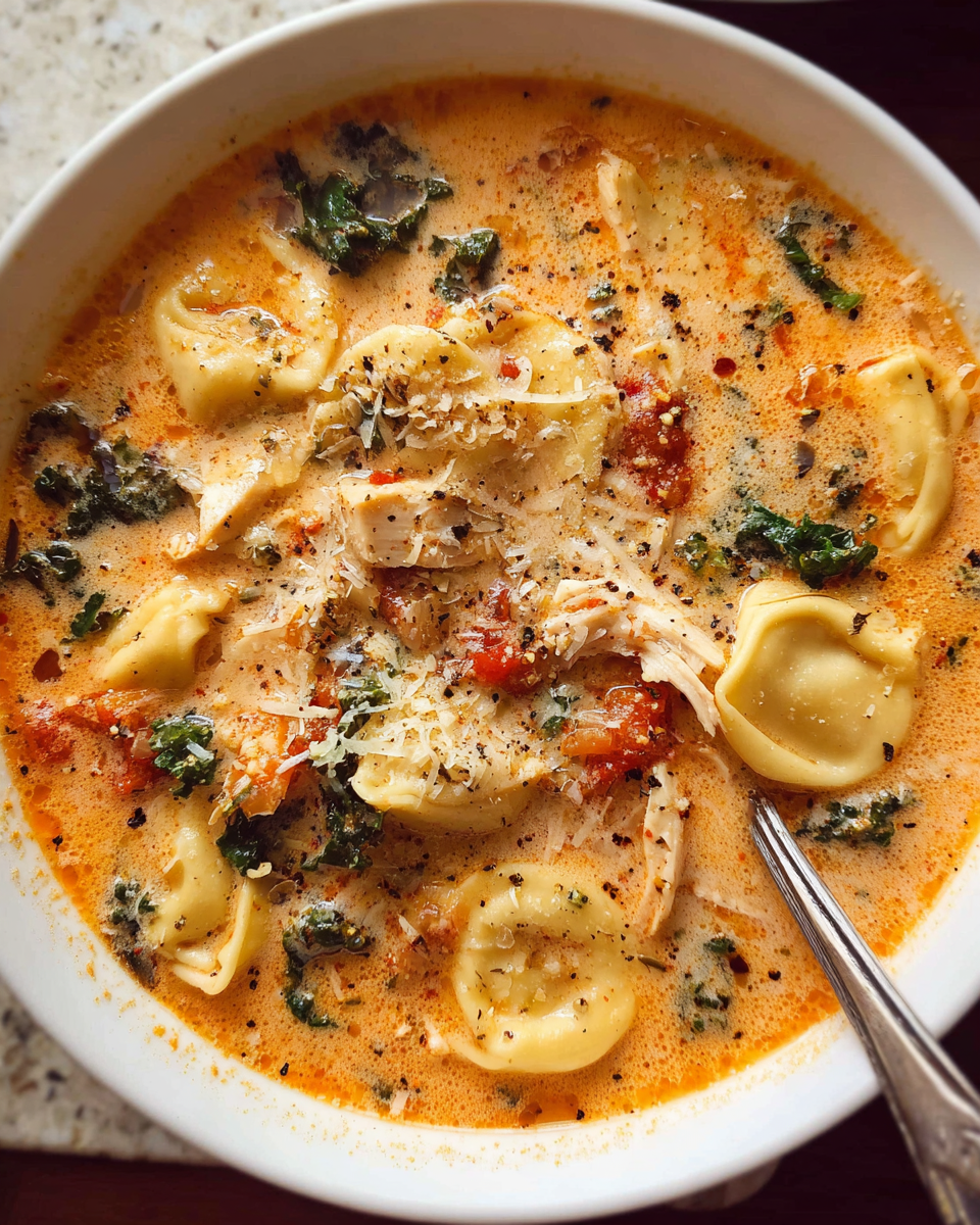 Bowl of creamy chicken tortellini soup with greens and parmesan