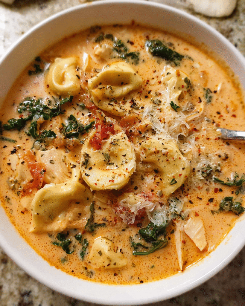 Bowl of creamy chicken tortellini soup with greens and parmesan