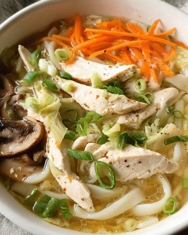 Bowl of chicken udon soup with noodles and vegetables